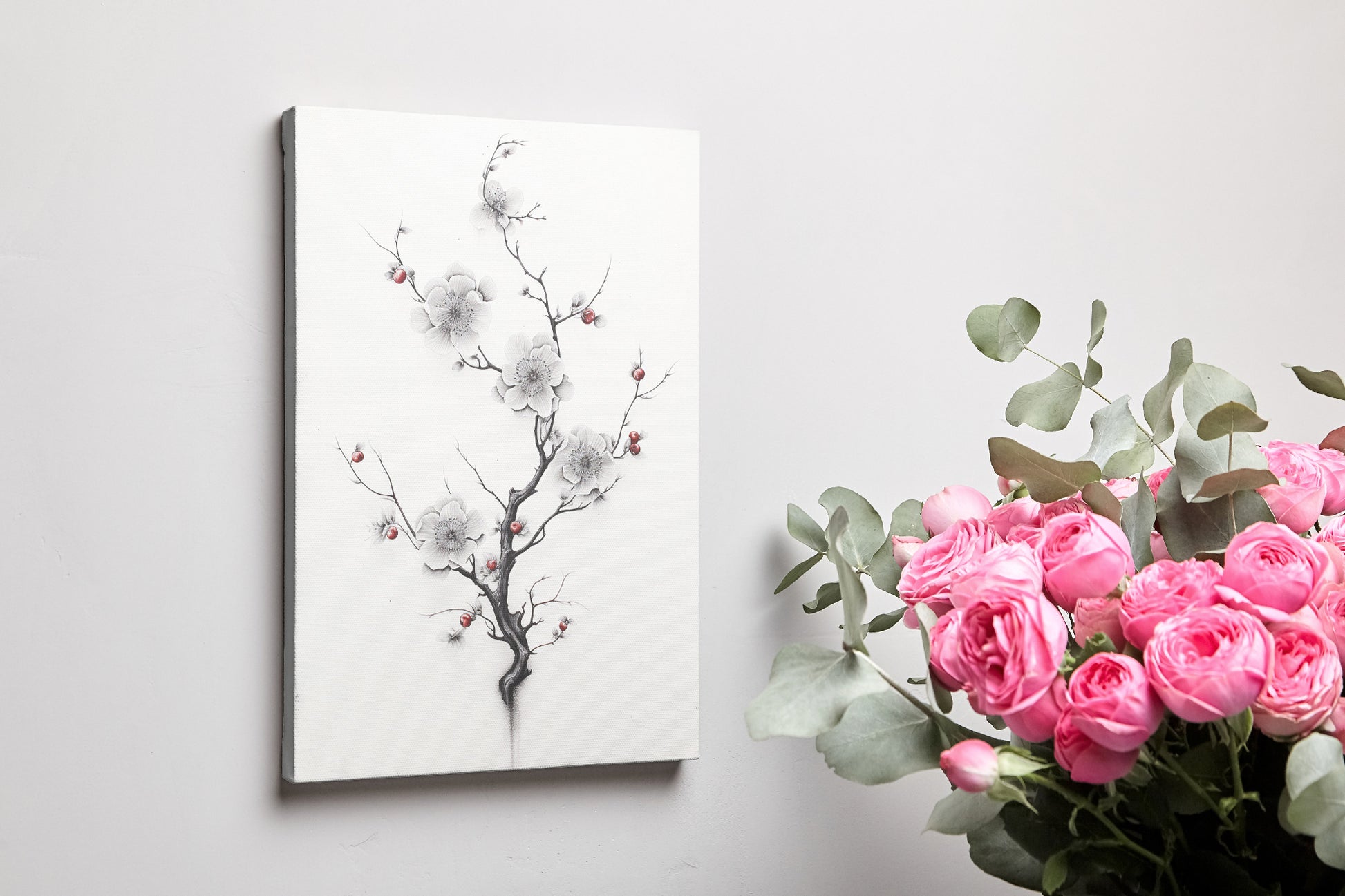 Framed canvas print of monochrome cherry blossoms with red accents