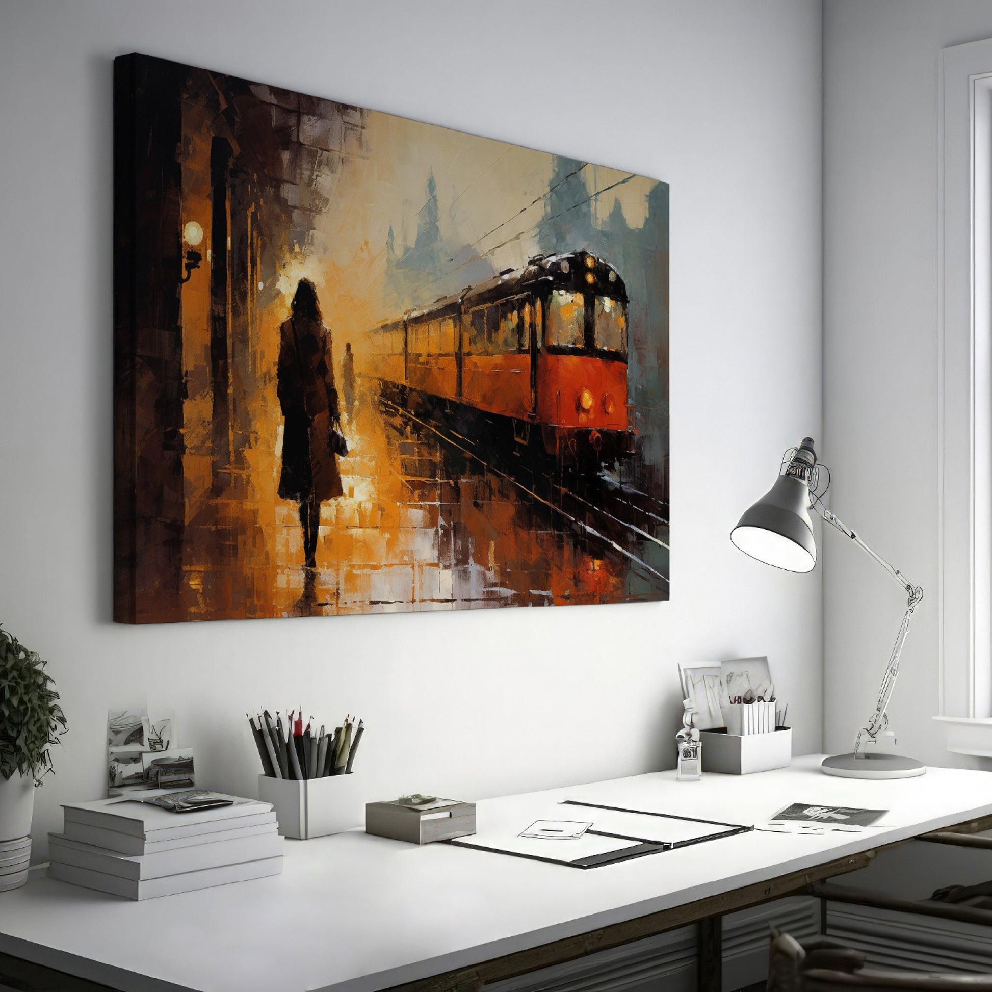 Framed canvas print of an abstract evening train station scene with golden hues and a glowing train