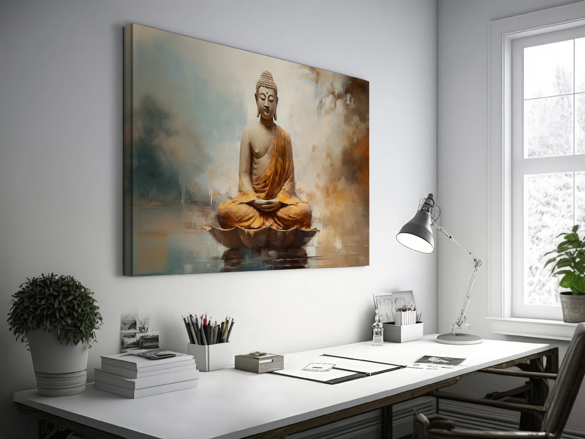 Framed canvas print of a serene Buddha in meditation with earthy tones