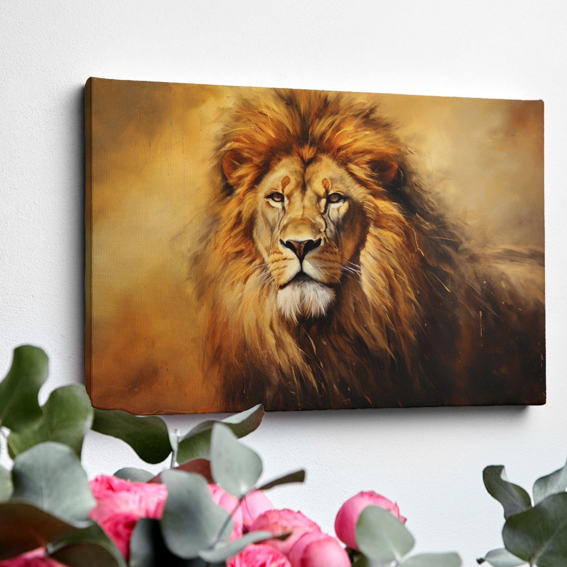 Framed canvas print of a majestic lion portrait with a warm golden colour scheme