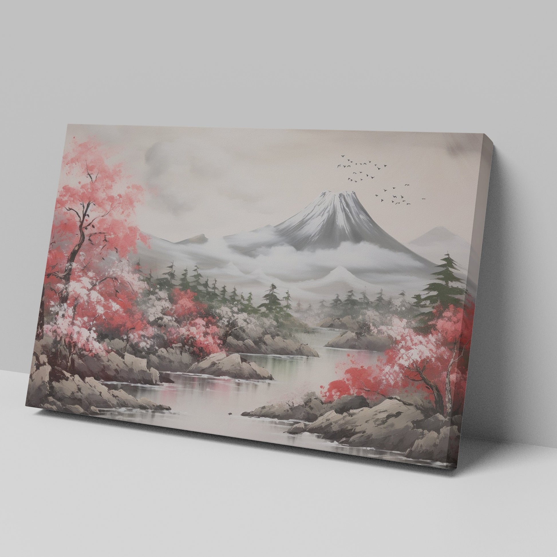 Framed canvas print of a serene landscape with cherry blossoms and a mountain