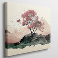 Framed canvas print of a serene cherry blossom tree amidst a minimalist mountain range