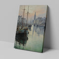 Framed canvas print of a serene harbour scene with sailing boats and a historic lighthouse at dawn