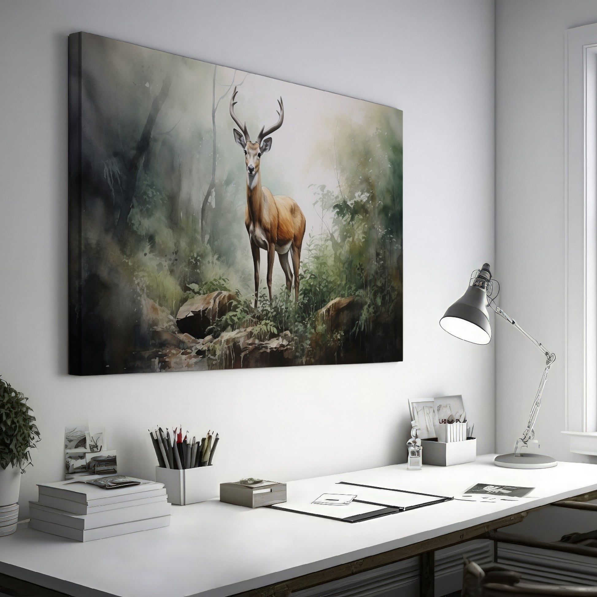 Framed canvas print of a majestic stag in a misty, ethereal forest with earthy tones