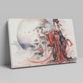 Framed canvas print of an Elegant Geisha in traditional Japanese attire with a sakura blossom and moon backdrop