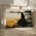 Framed canvas print of a woman in a gothic gown overlooking a golden sunset seascape with a castle