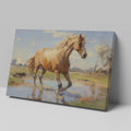 Framed canvas print of a vibrant horse wading in water with sunlit pasture and reflection