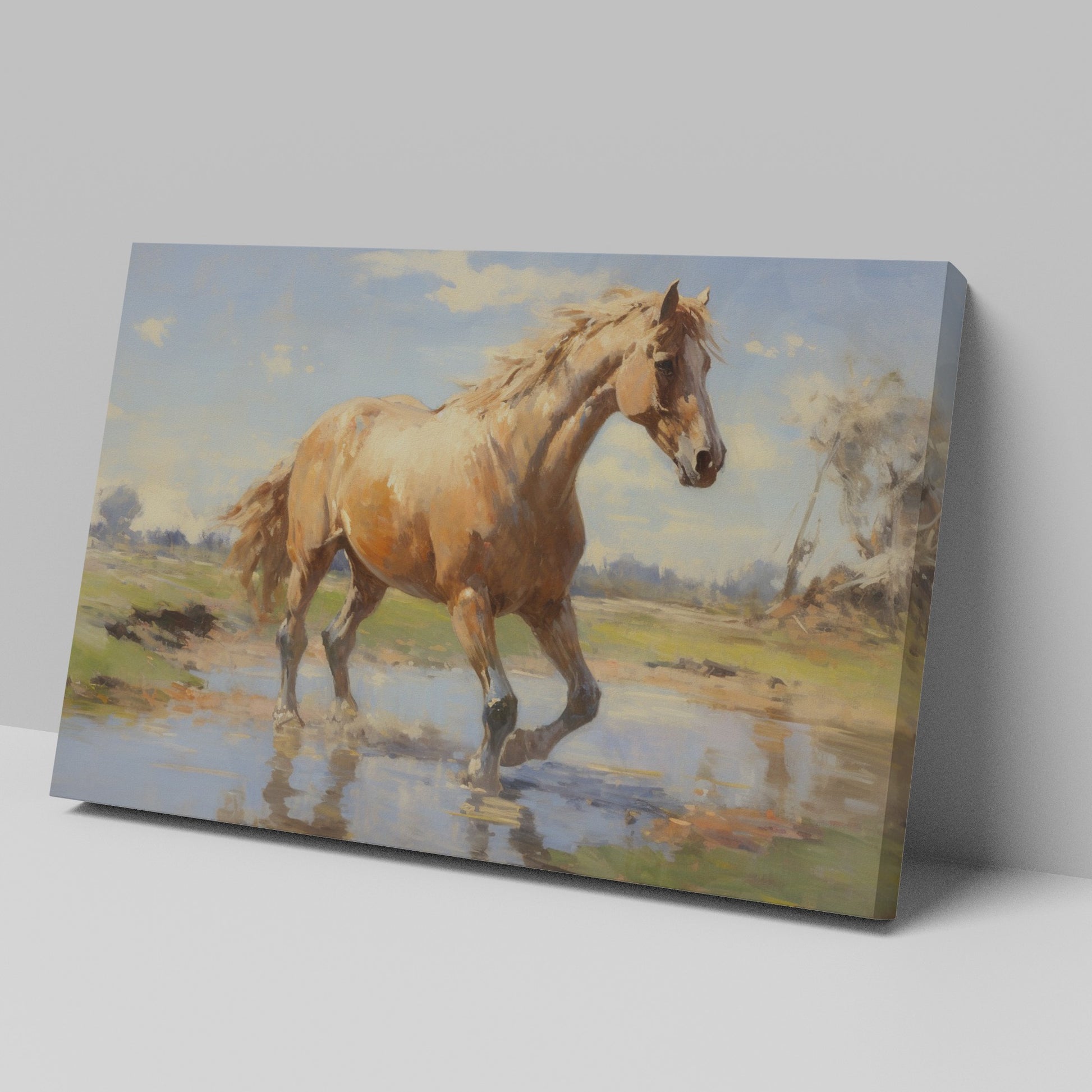 Framed canvas print of a vibrant horse wading in water with sunlit pasture and reflection