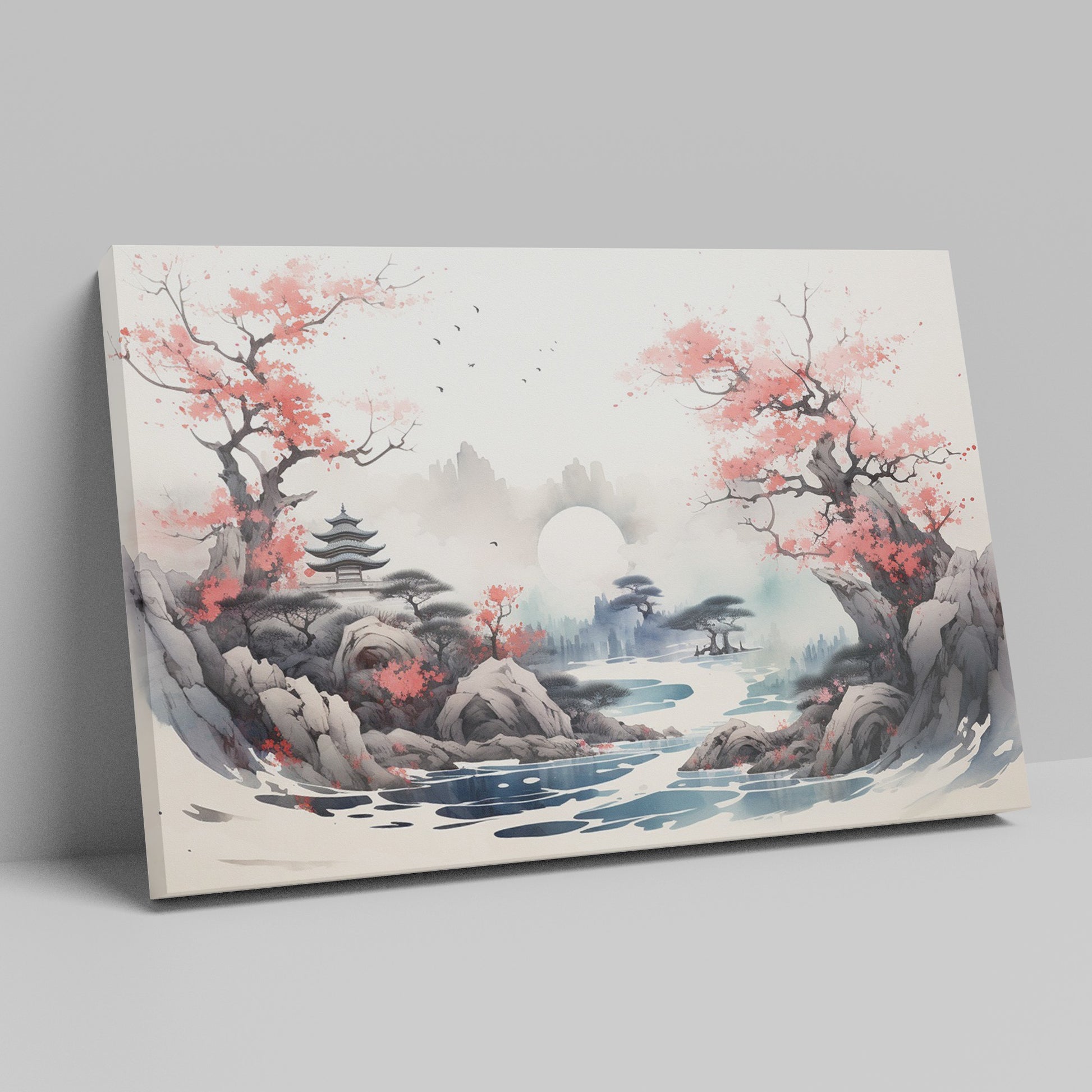 Framed canvas print of Oriental landscape with cherry blossoms and pagoda