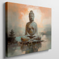 Framed canvas print of serene Buddha in meditation with warm earth tones and tranquil setting