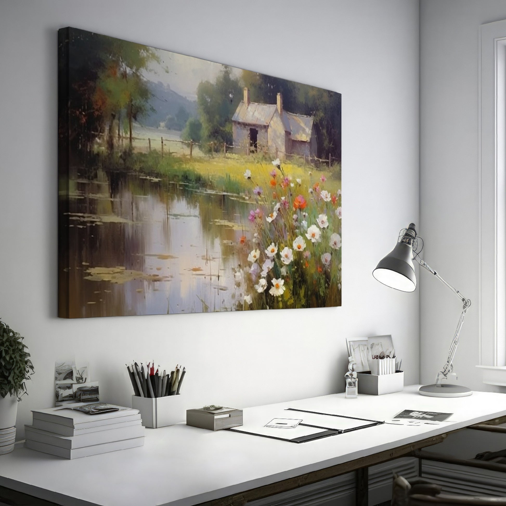 Framed canvas print of a rustic cottage by a peaceful lake with wildflowers in the foreground