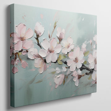 Framed canvas print of pastel cherry blossom flowers in impasto style