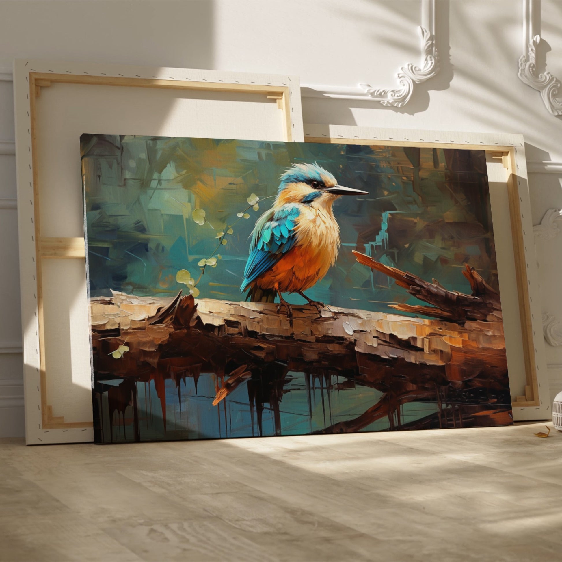 Framed canvas print of a vibrant kingfisher with abstract brushwork and warm colour palette