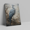 Framed canvas print of a heron standing in a mystical foggy landscape with autumnal trees