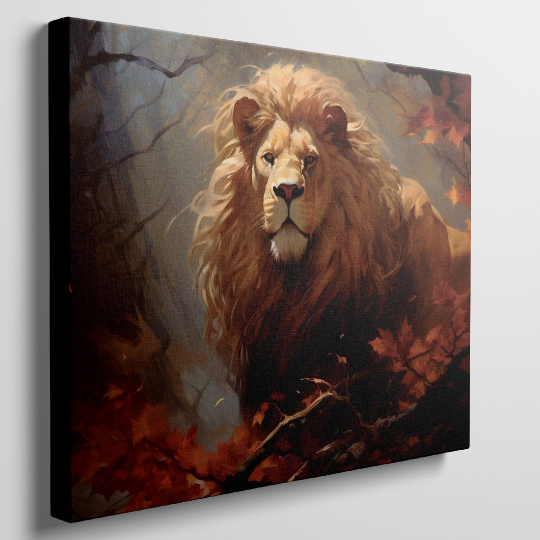 Framed canvas print of a majestic lion in an autumn forest with vibrant red and orange leaves