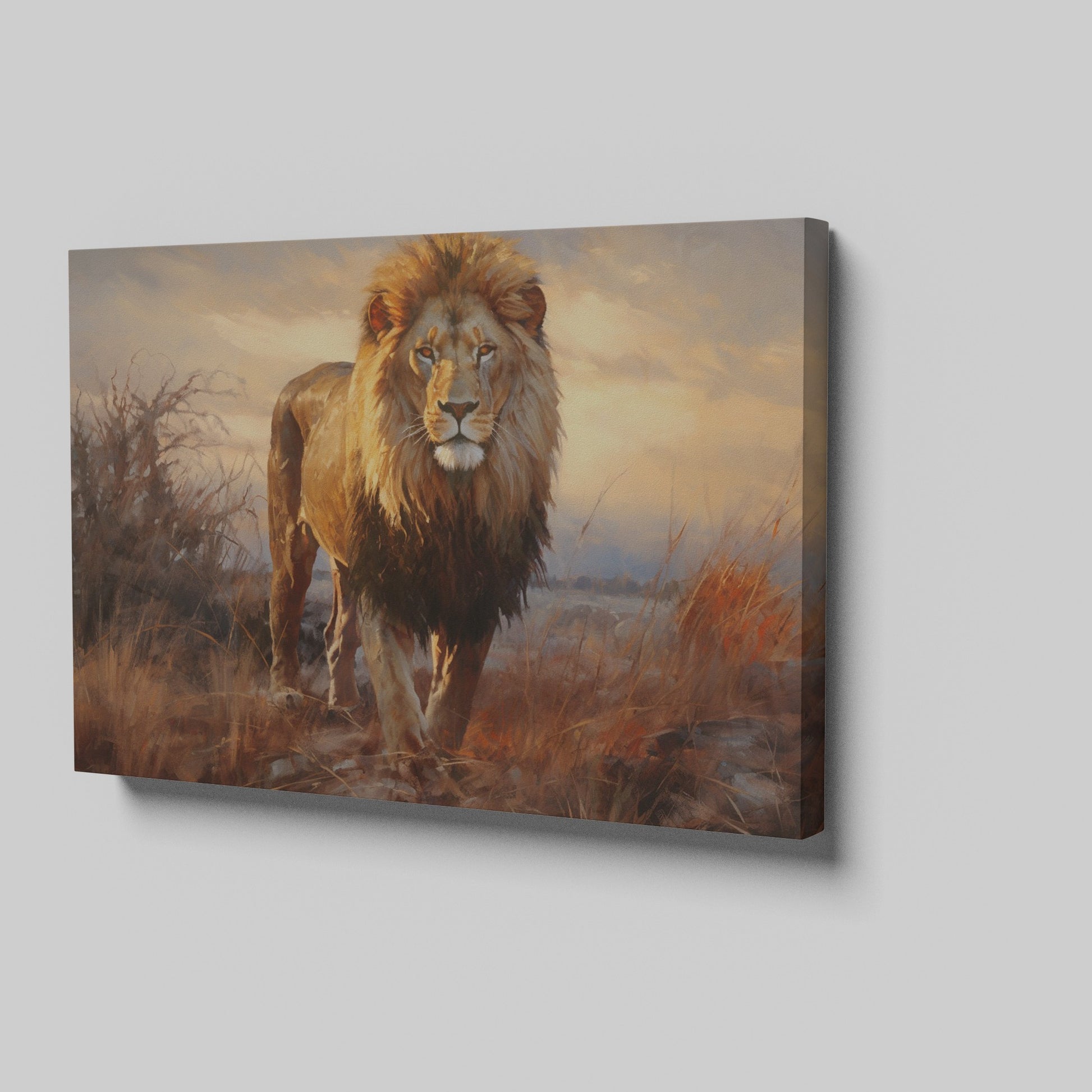 Framed canvas print of a realistic lion amidst a warm-toned African savannah landscape