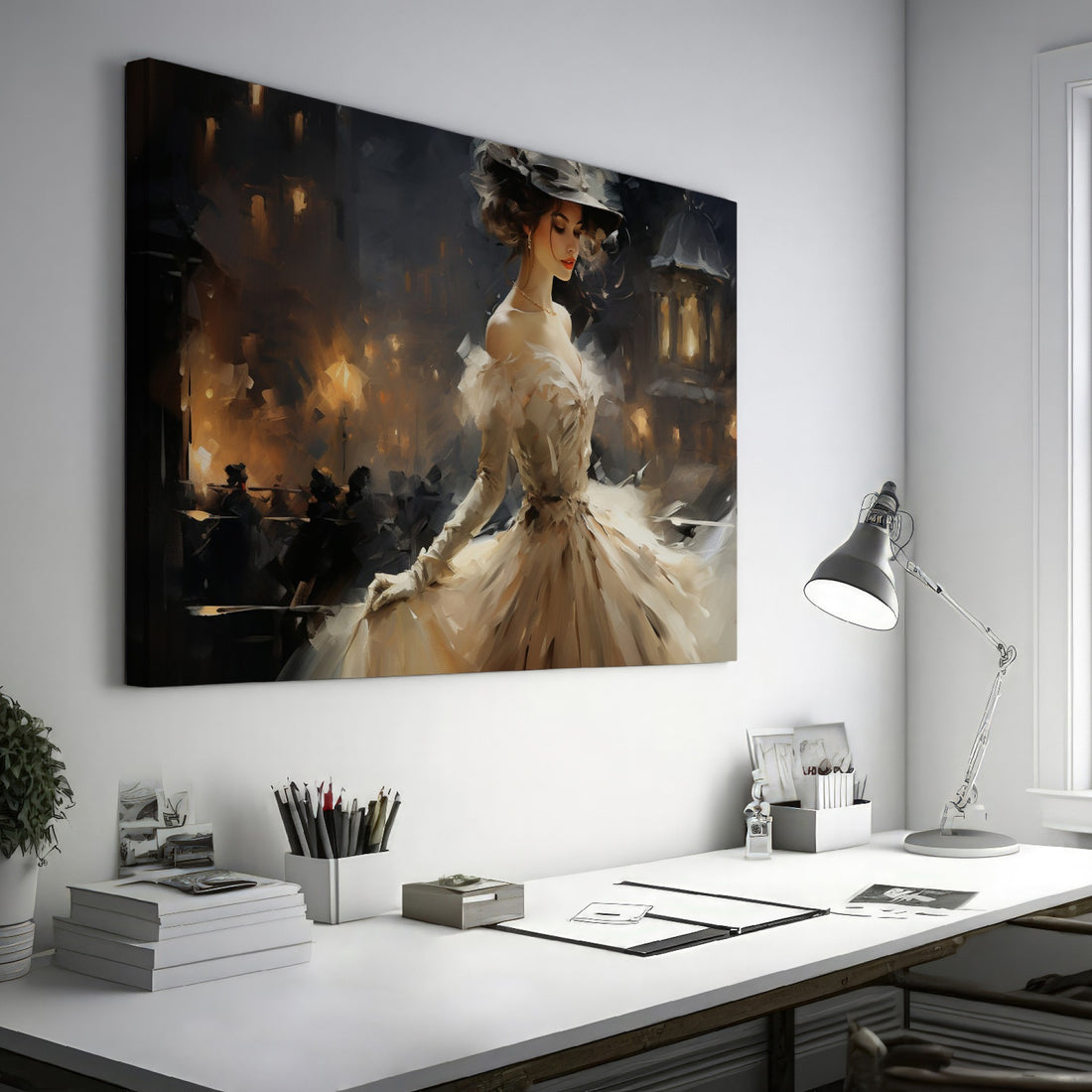 Framed canvas print of an elegant Victorian lady in a dress with Parisian night background