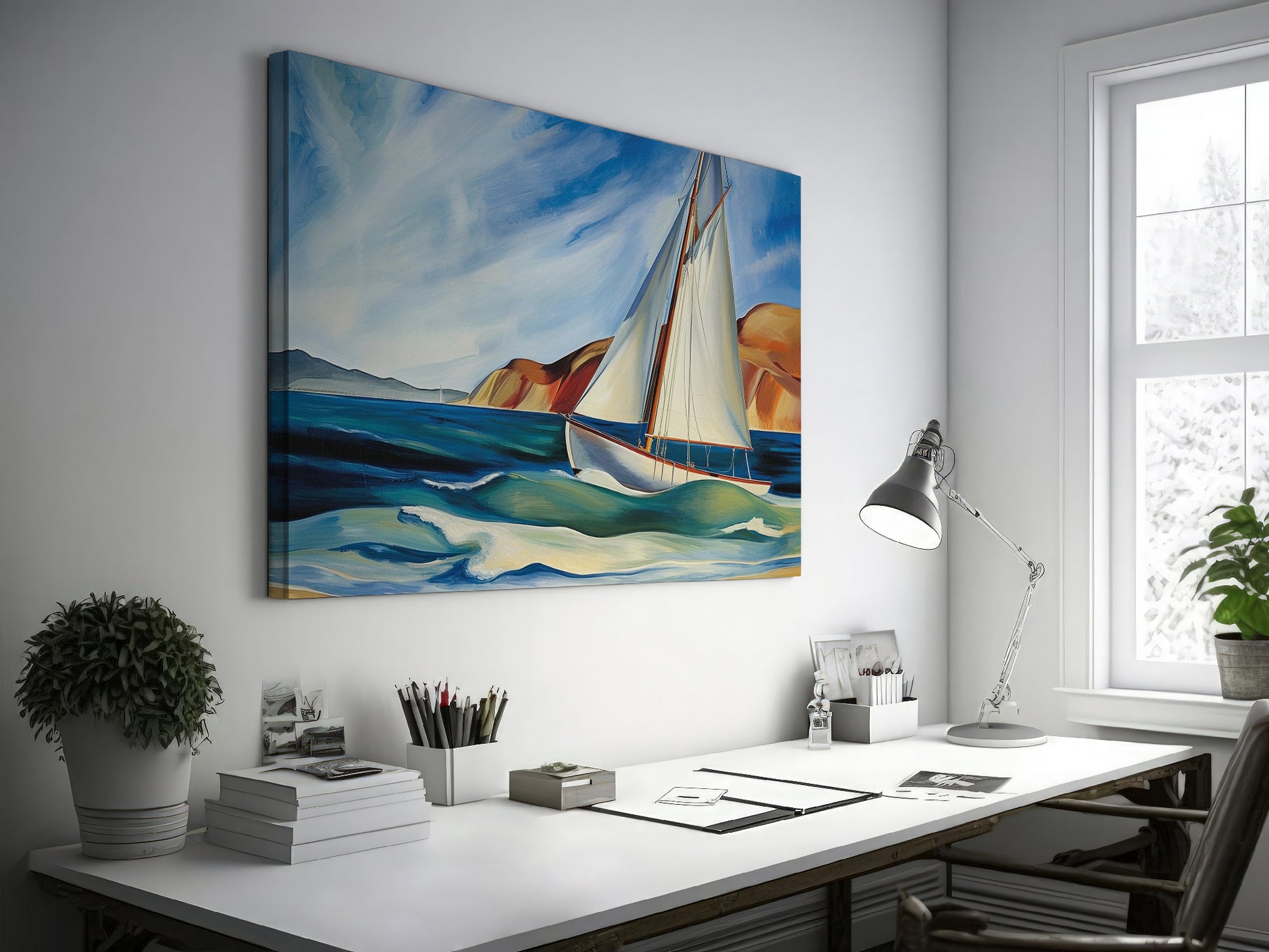 Framed canvas print of a vibrant sailboat sailing near a coastline with blue skies