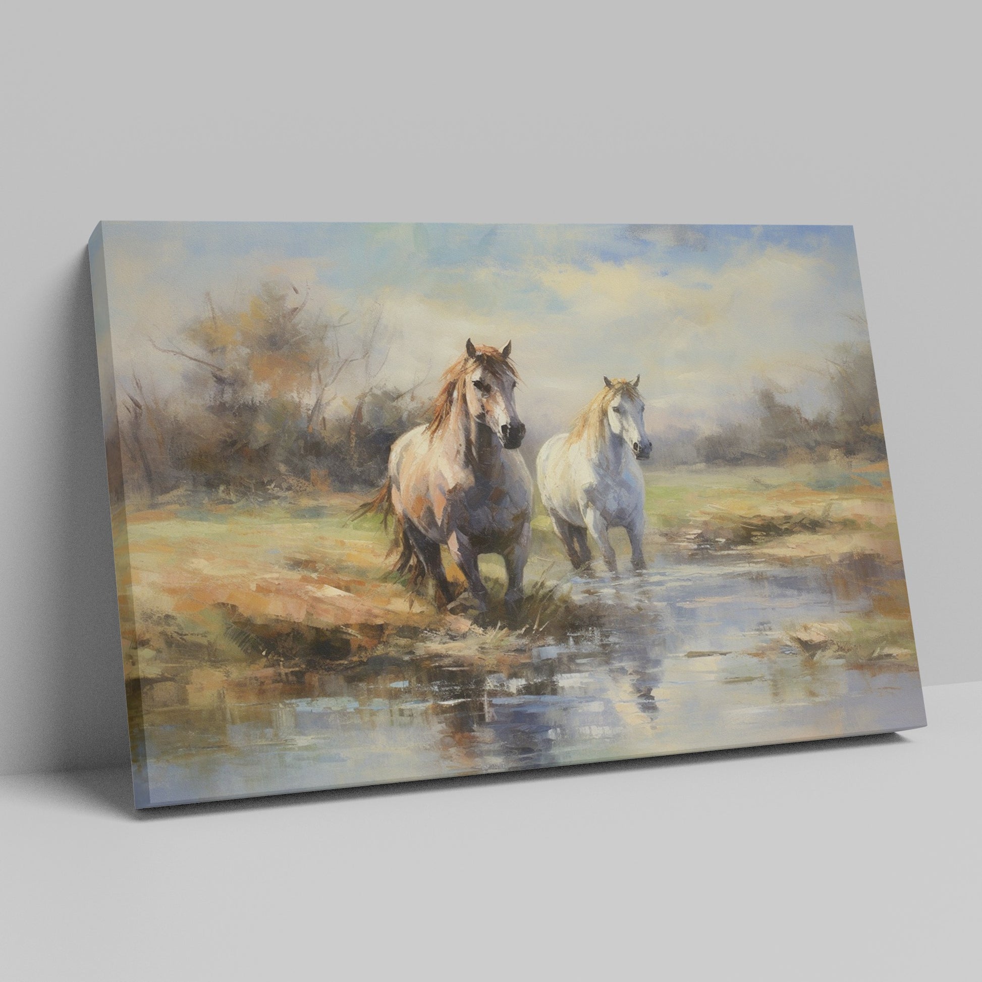 Framed canvas print of two horses by a creek in an impressionist style with warm autumn hues