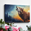 Framed canvas print of stylised howling wolf at sunset with forest backdrop