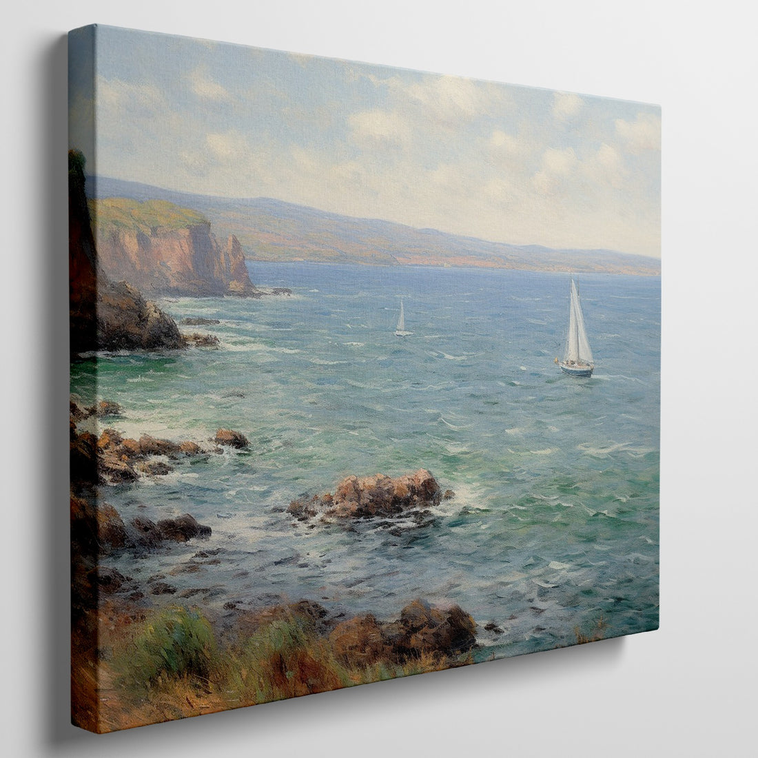 Framed canvas print of an impressionist painting depicting sailing boats on a serene sea beside a coastal cliff