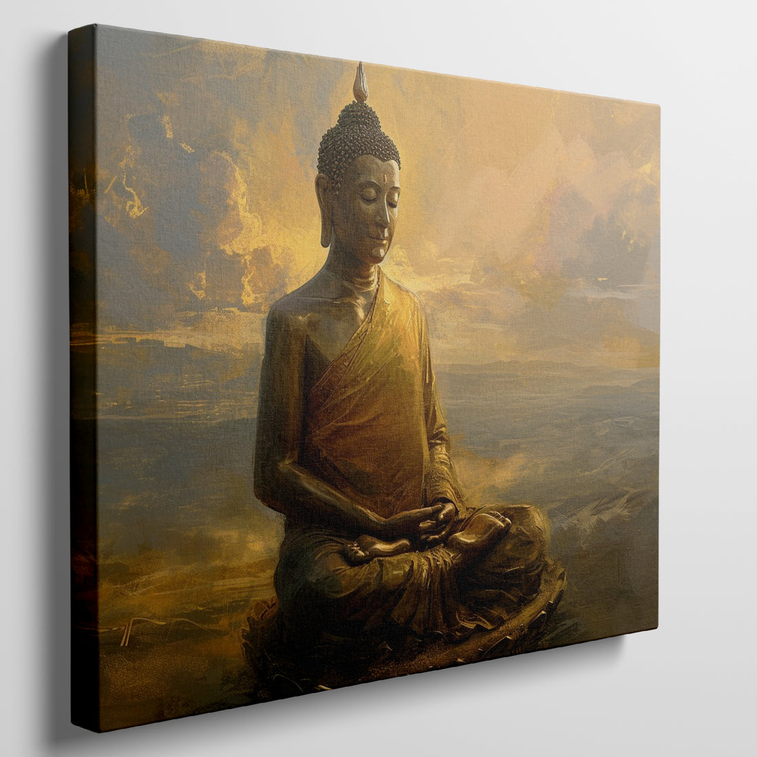 Framed canvas print of a golden Buddha in meditation with a serene, warm background