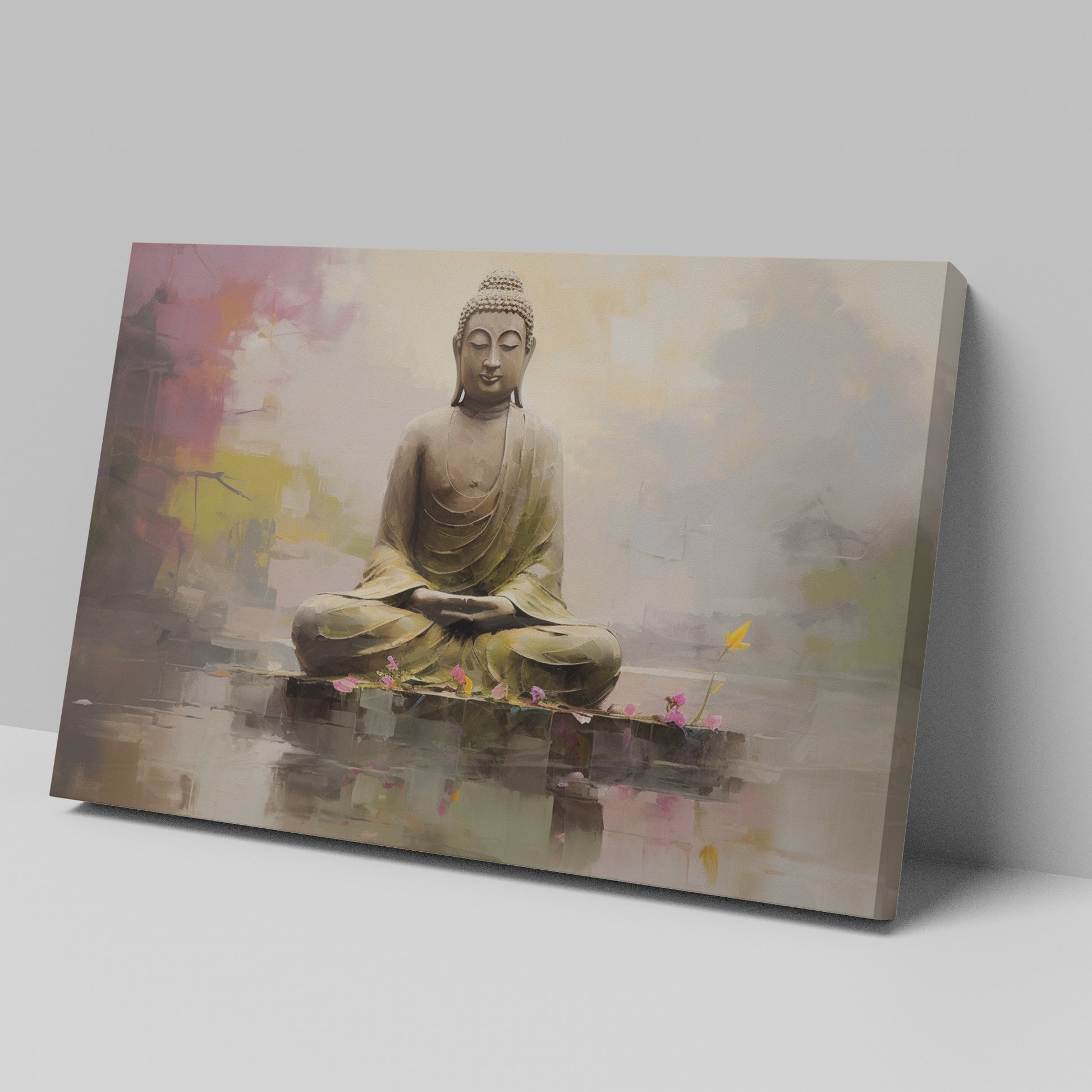 Framed canvas print of a serene Buddha in meditation, with vibrant, reflective water elements and a soft, modern background.