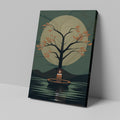 Framed canvas print of a tranquil tree with autumn leaves and glowing candle on a calm lake under a full moon