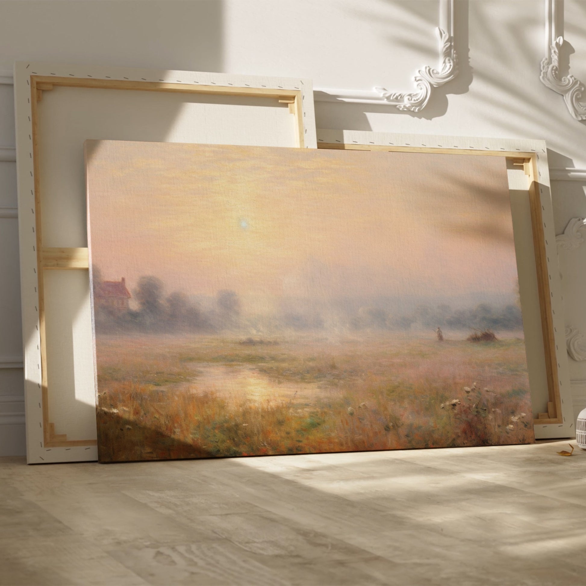 Framed canvas print of a misty countryside meadow with a sunrise and soft pastel colours