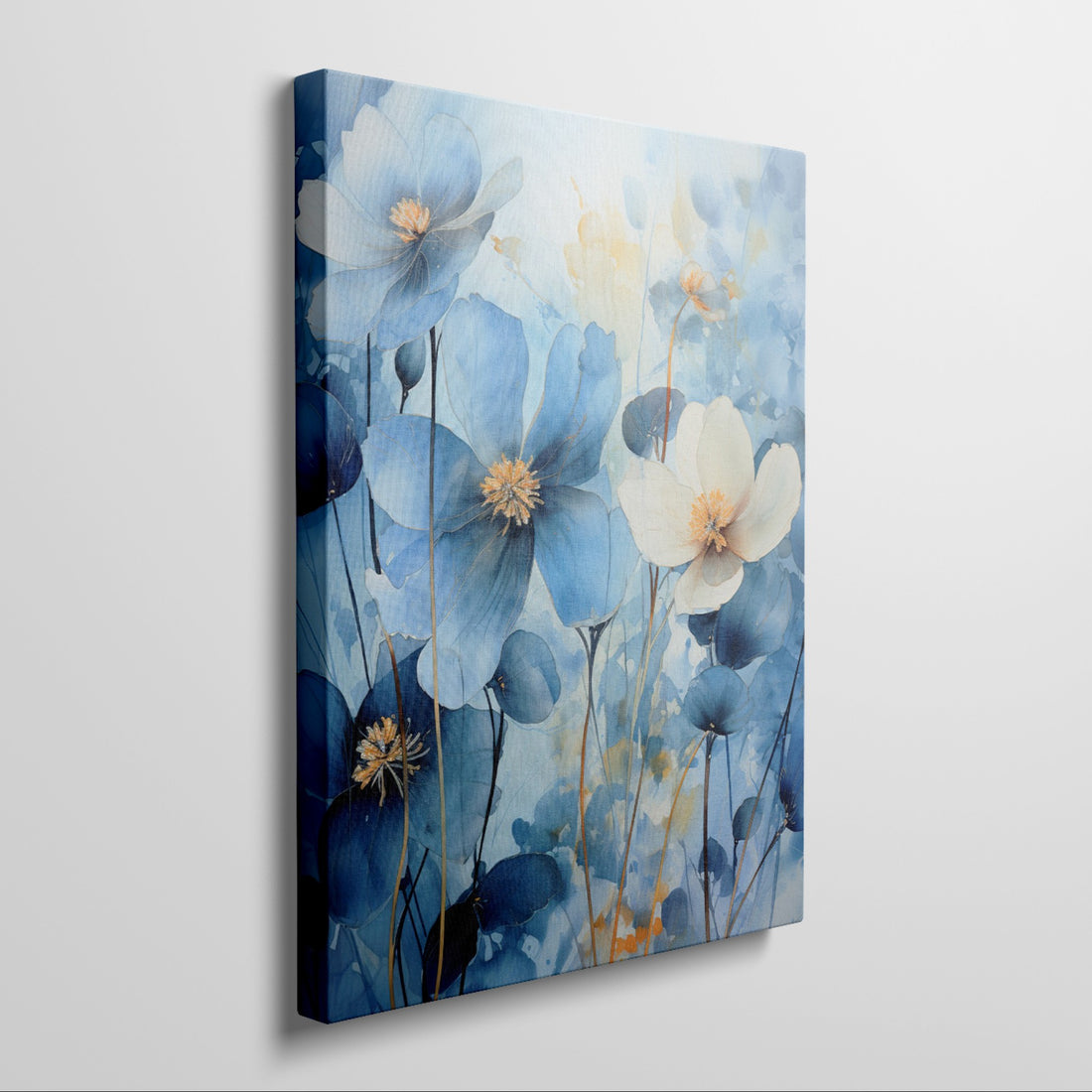Framed canvas print of abstract blue and golden watercolour floral art