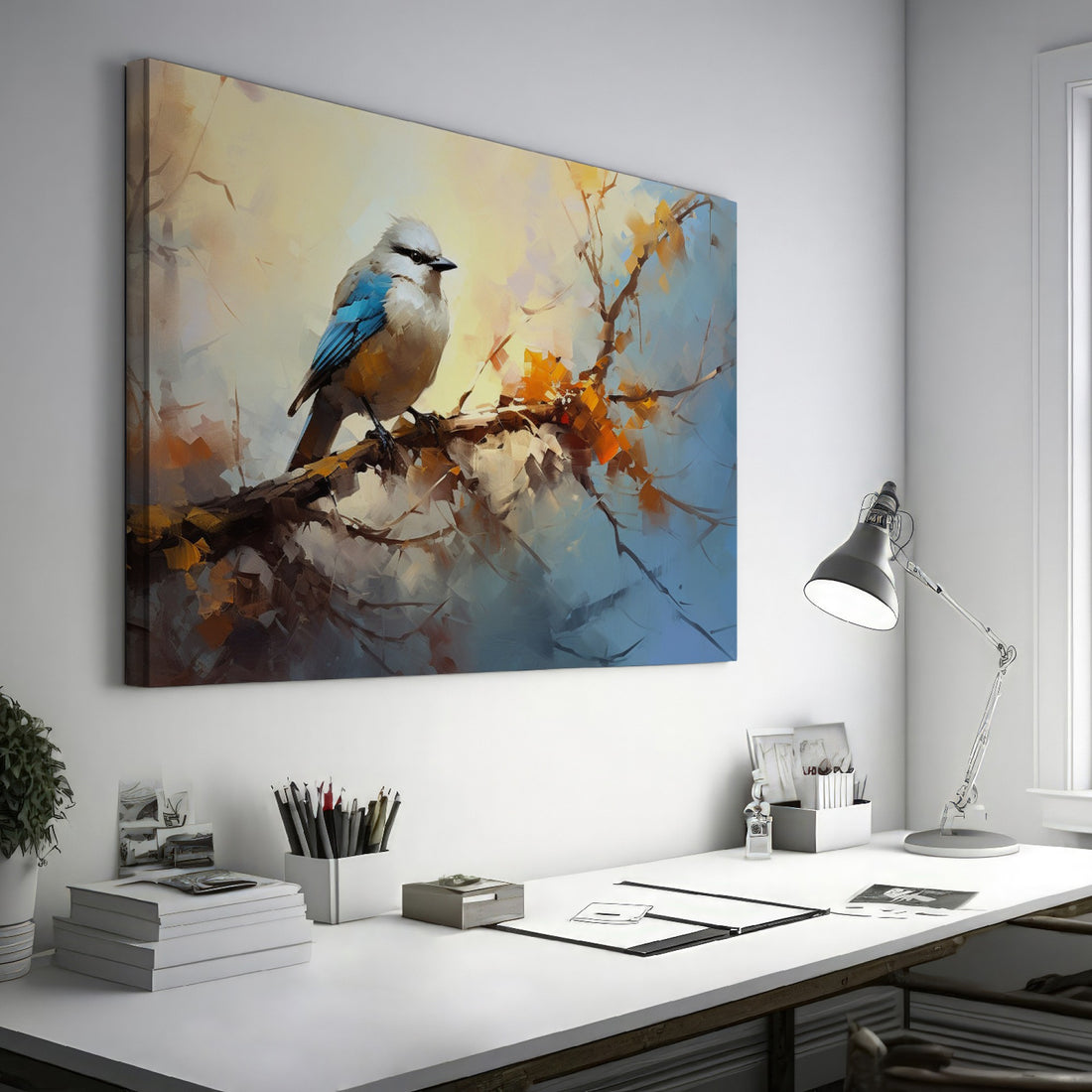 Framed canvas print of a stylised blue bird sitting on a branch with impressionistic brushstrokes