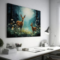 Framed canvas print of two fawns amidst a mystical forest with blooming daisies