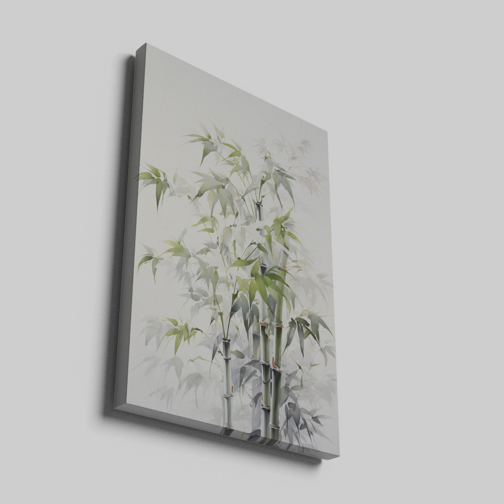 Framed canvas print of stylised bamboo stalks in tranquil shades of green and grey