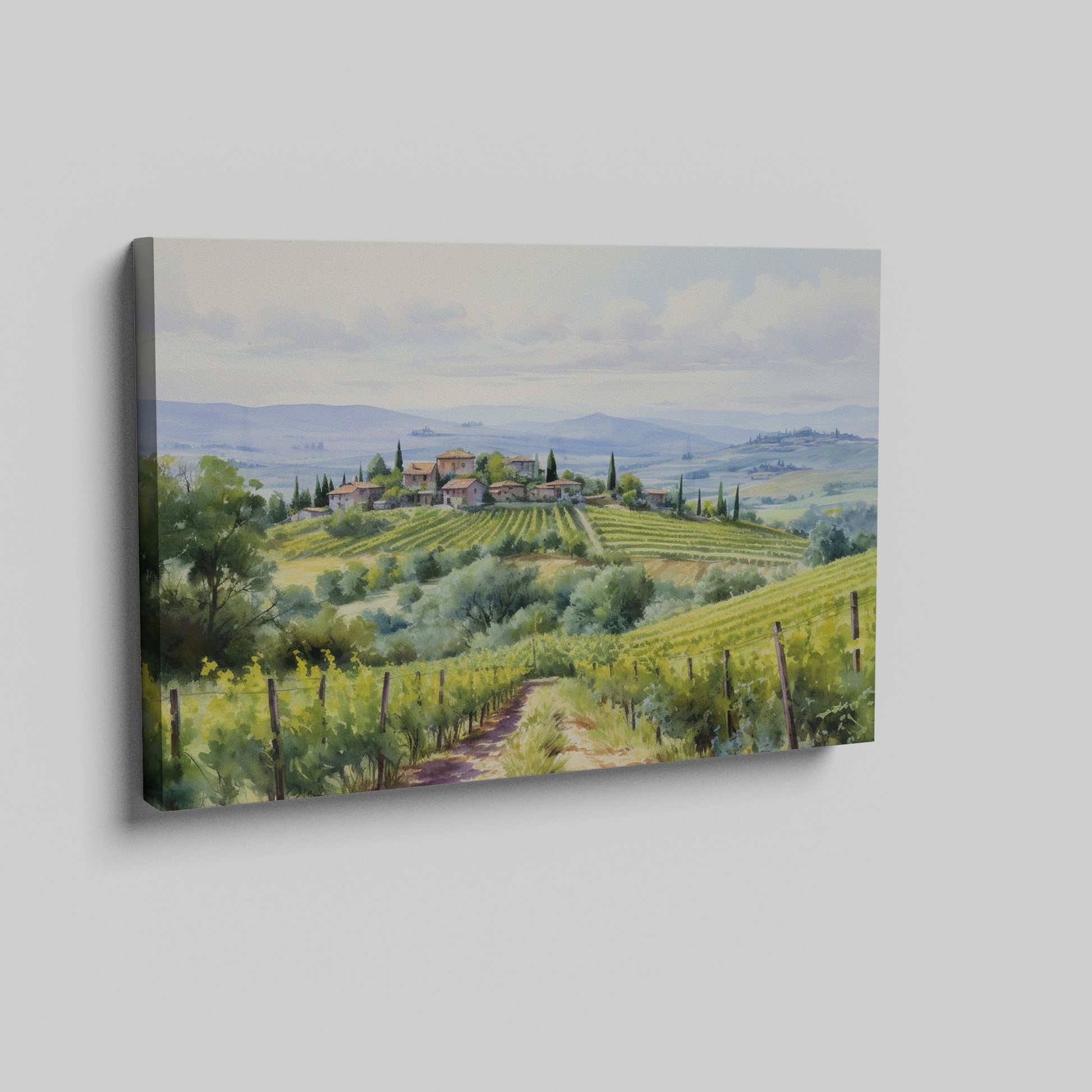 Framed canvas print of a Tuscan countryside panorama with a vineyard and rolling hills in watercolor style