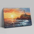 Framed canvas print of a sunset seascape with a lighthouse on a cliff