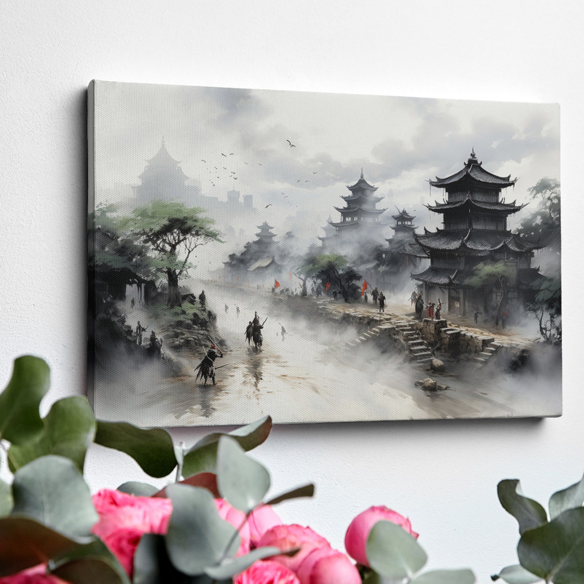 Framed canvas print of a mist-covered ancient Chinese scene with pagodas and figures