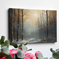 Framed canvas print of a tranquil snowy forest glade with soft dawn light filtering through the trees