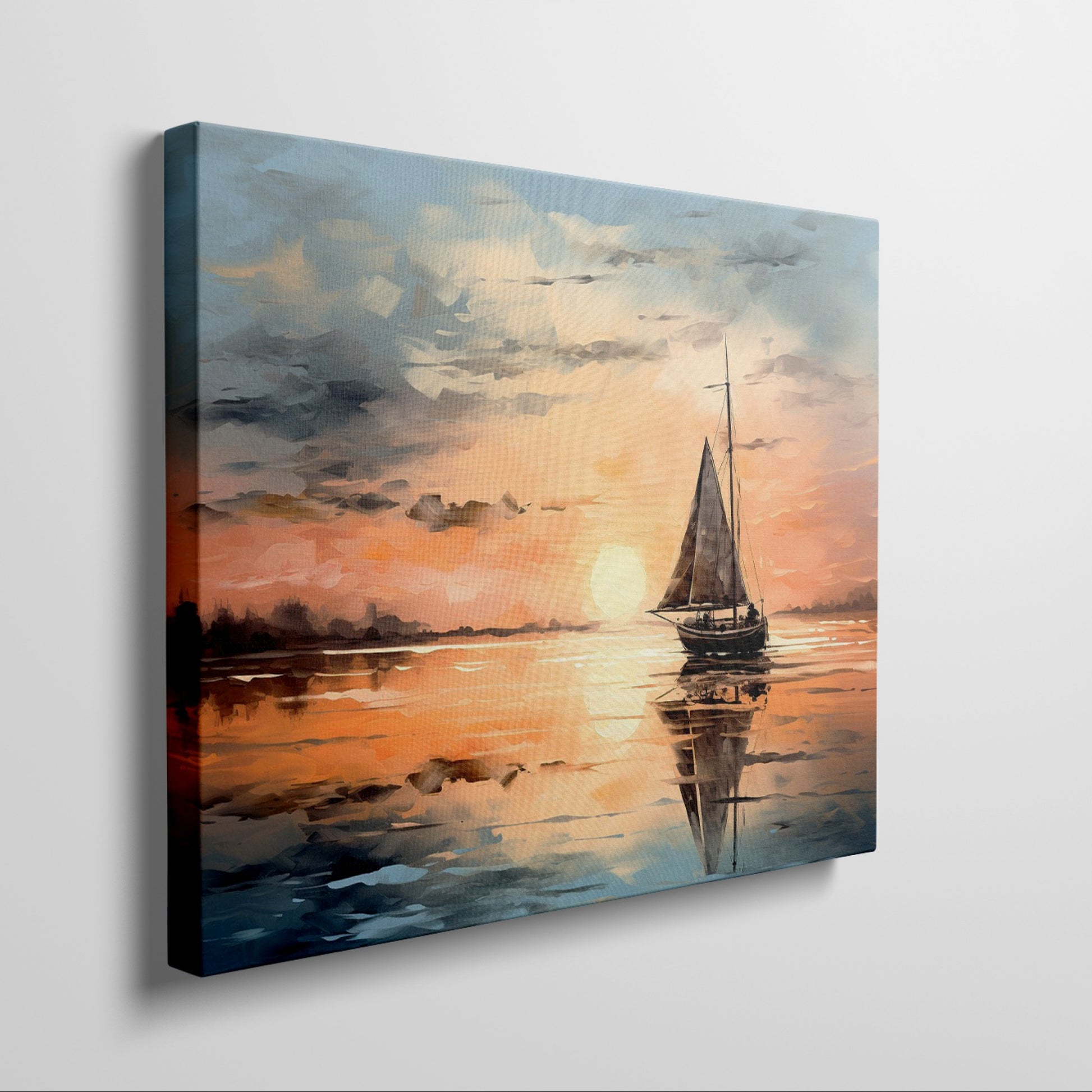 Framed canvas print of sailboat against golden sunset with peaceful ocean reflection