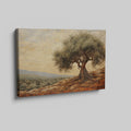 Framed canvas print of a stylised olive tree in a rustic Mediterranean landscape with warm terracotta and olive green tones