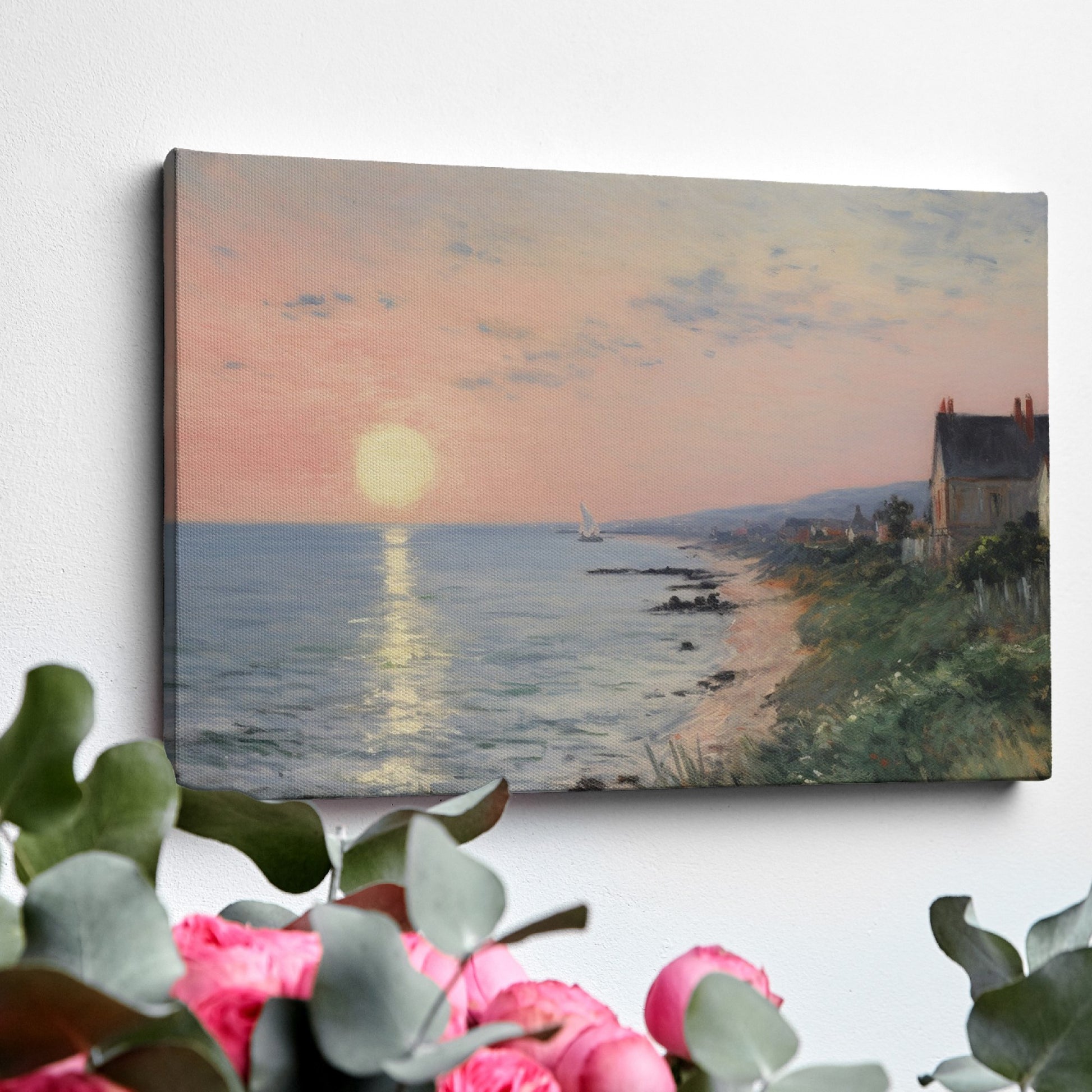 Framed canvas print of an Impressionist seascape with a sunset over the ocean and coastal village