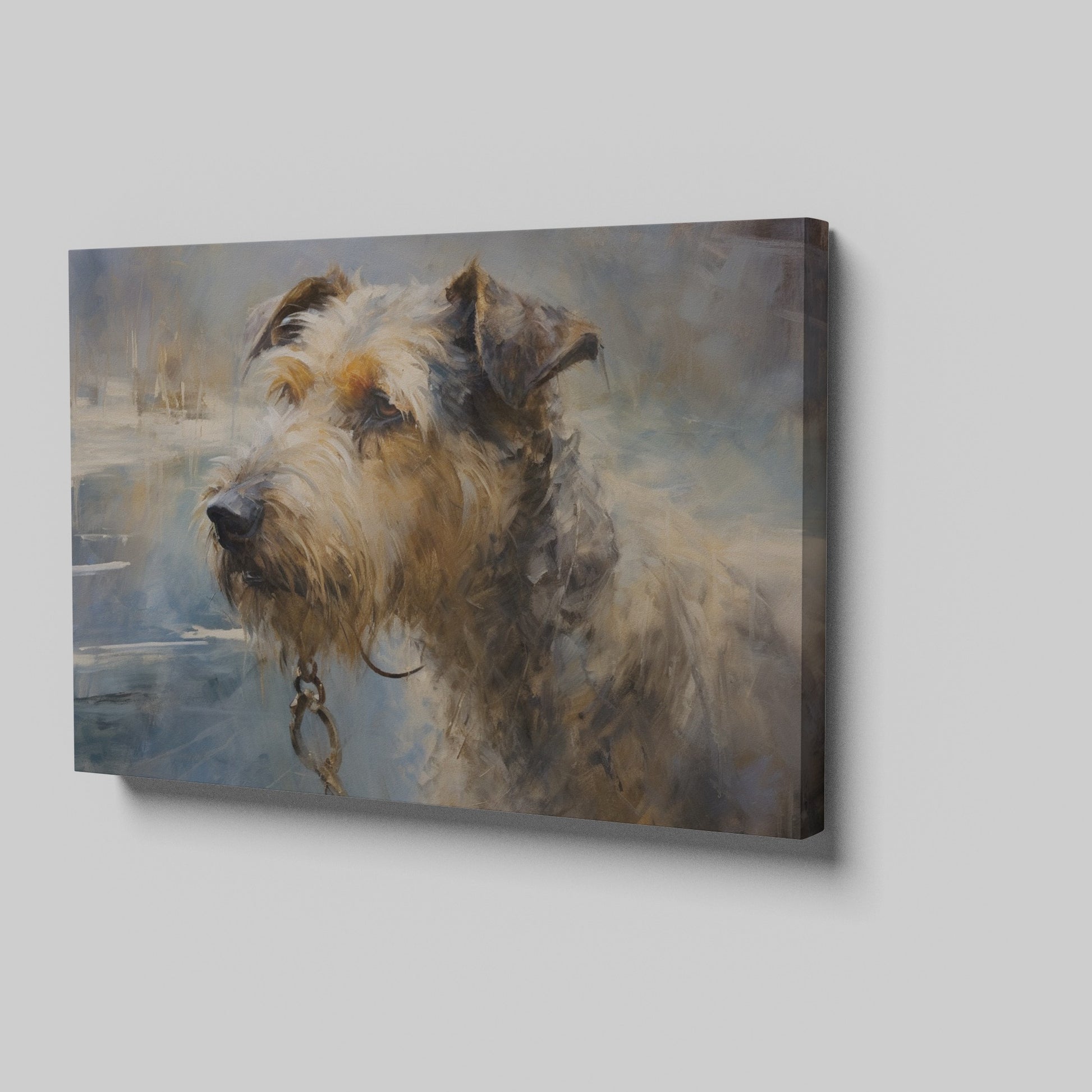 Framed canvas print of an impressionistic painting depicting a detailed and textured dog portrait with warm tones