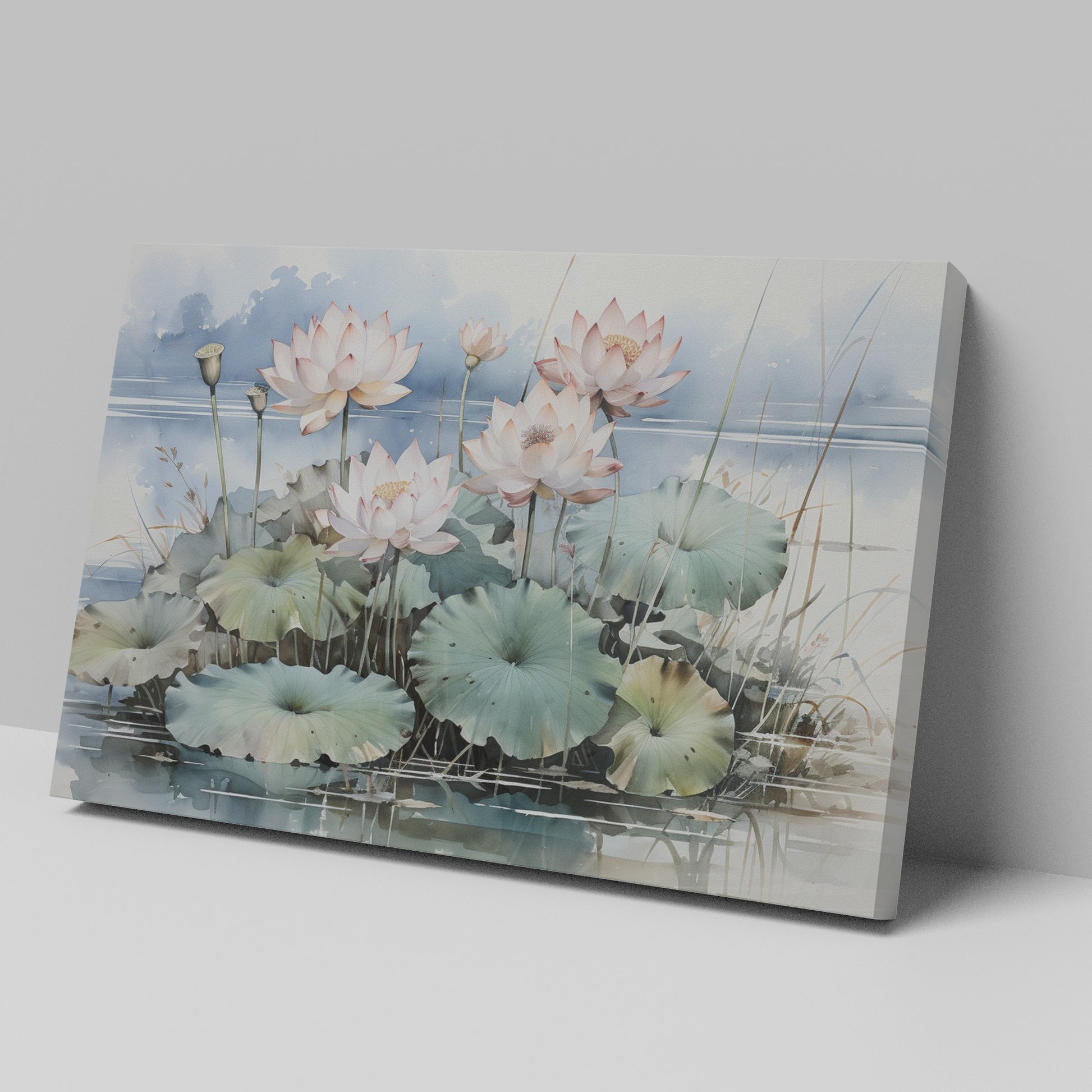 Framed canvas print of serene lotus pond with blooming flowers and gentle hues