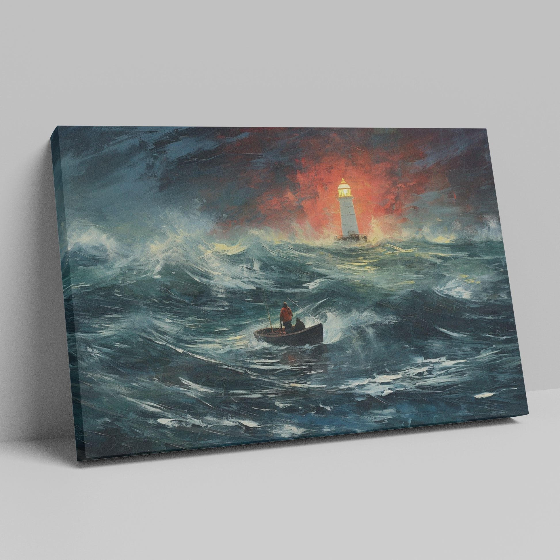 Framed canvas print of a stormy seascape with a lighthouse beacon and a boat at sea, featuring expressive brushstrokes and a dramatic red and blue colour scheme