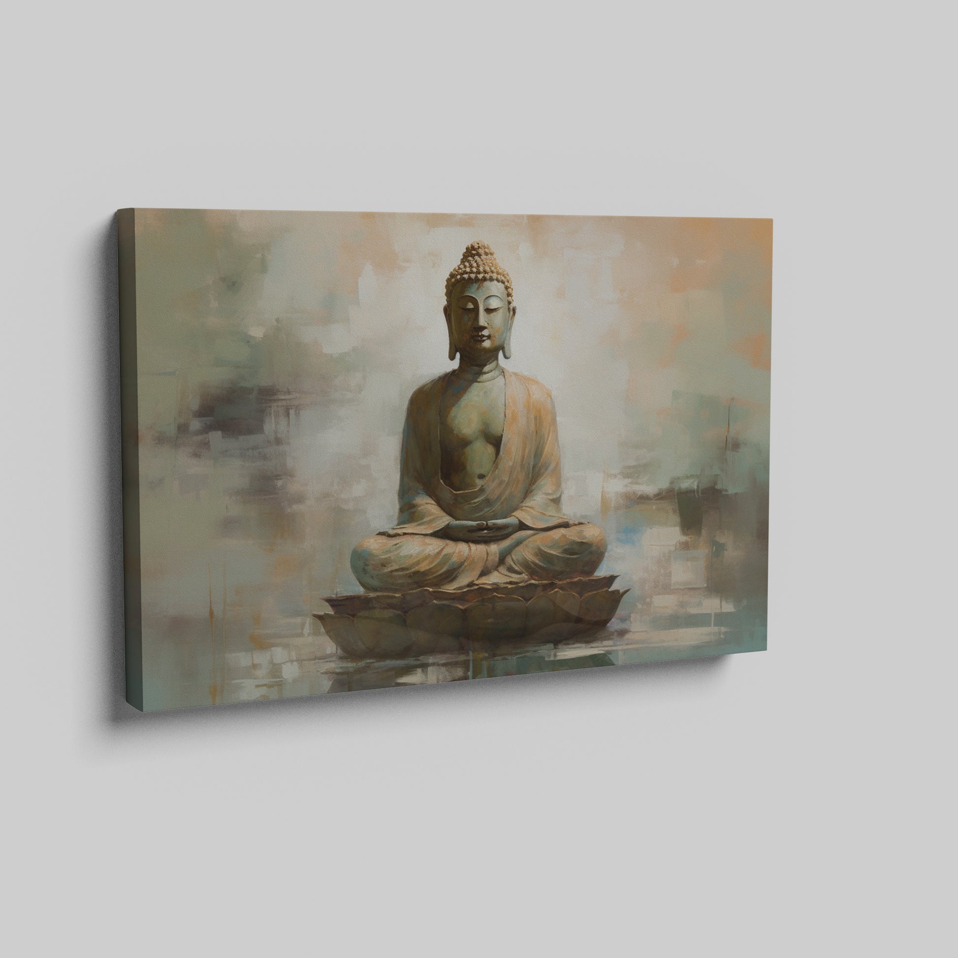 Framed canvas print of a serene Buddha on a lotus throne with an abstract background