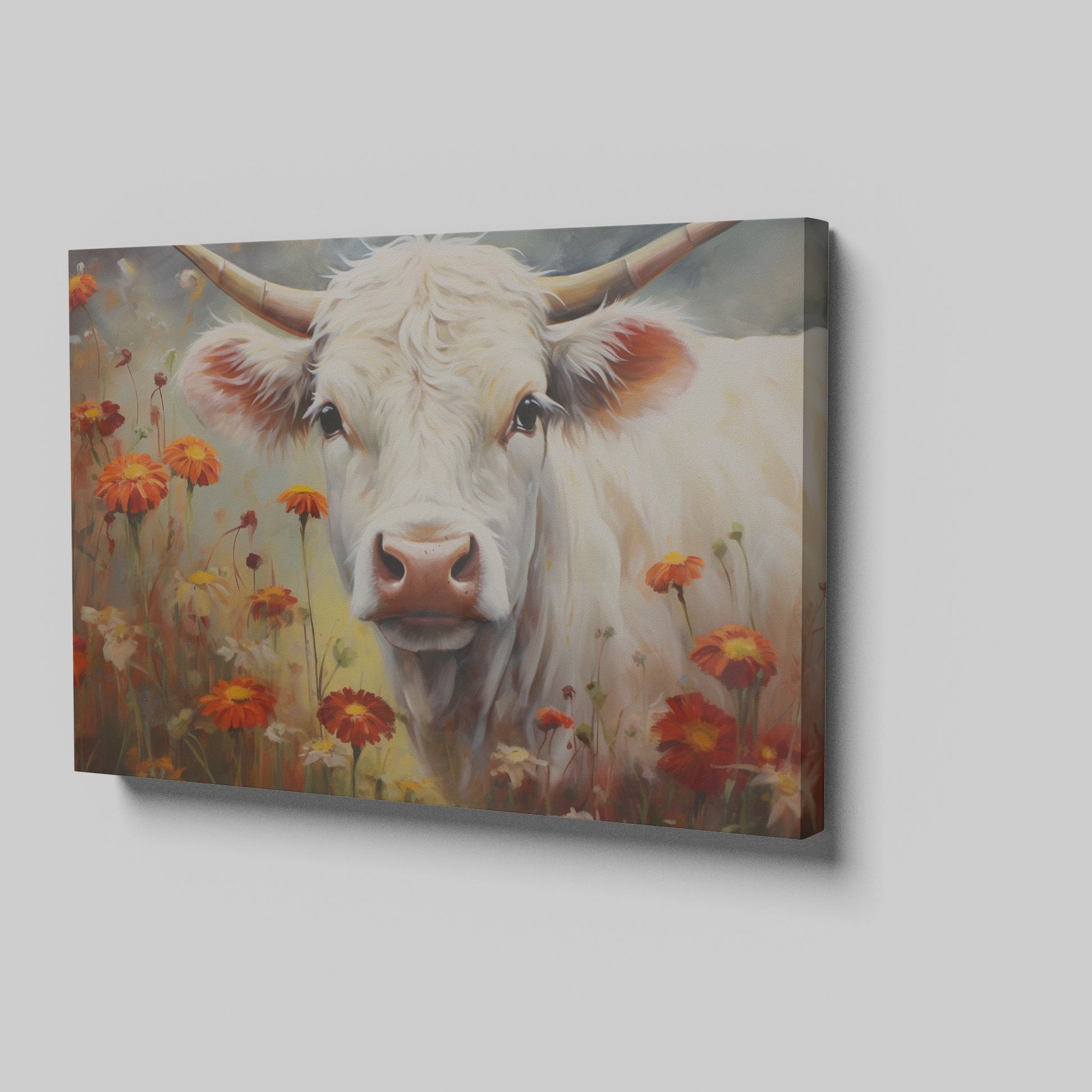 Framed canvas print of realistic cow in a floral setting with warm tones