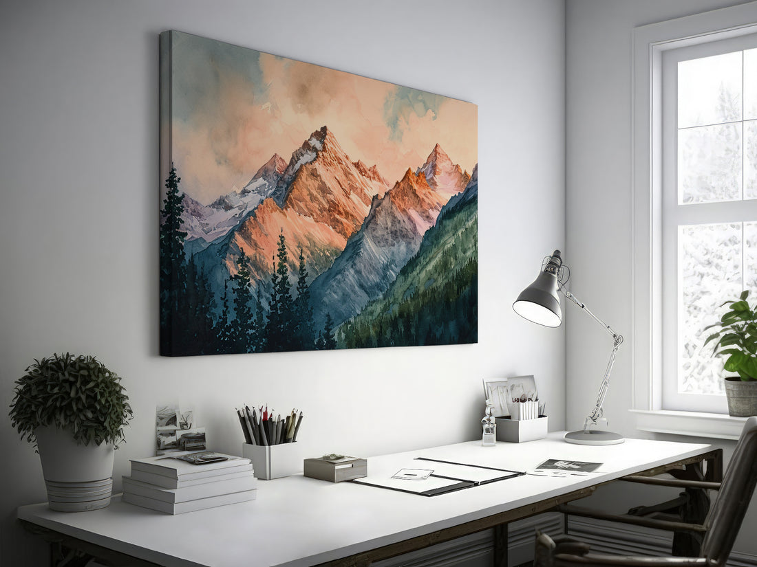 Framed canvas print of a serene watercolour mountain landscape with sunset hues