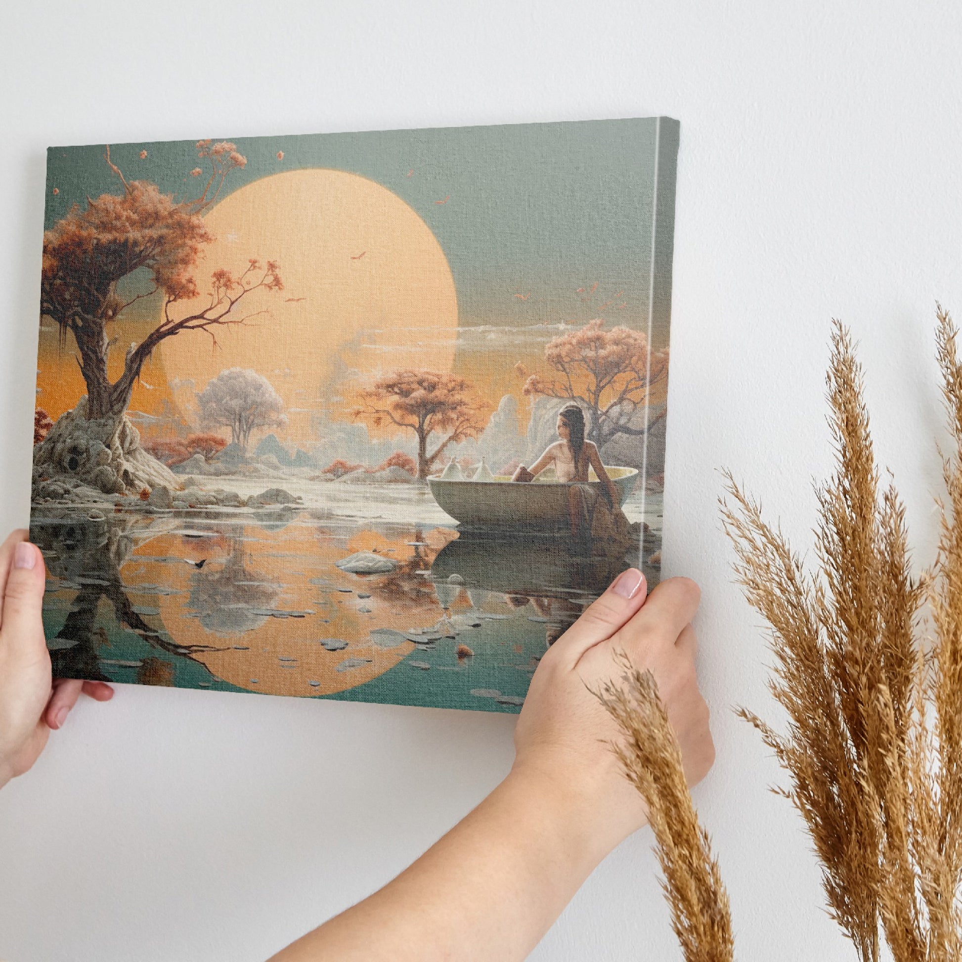 Framed canvas print of a surreal landscape with an ethereal sunset, lady in a boat, and reflective water