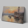 Framed canvas print of London's Westminster skyline at sunset with soft orange and blue tones