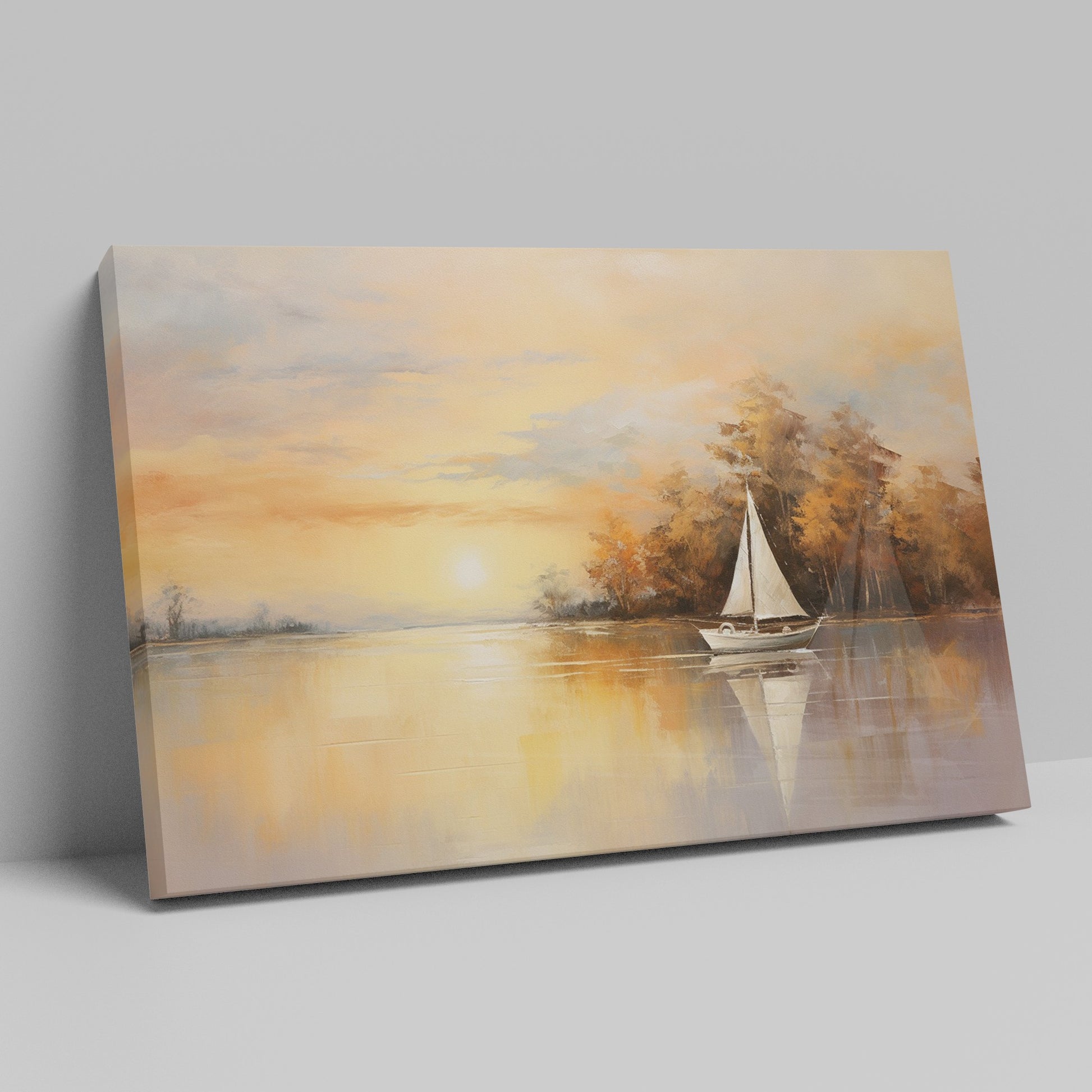 Framed canvas print of a sailboat during sunset with golden sky and water reflections