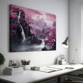 Framed canvas print of a misty oriental landscape with cherry blossoms and pagoda